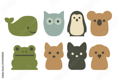 Eight cute minimalist animal characters set including whale, owl, penguin, koala, and pets
