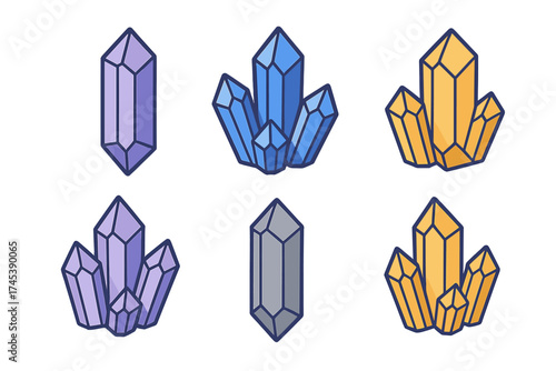 Colorful geometric set of six gemstone and quartz crystal clusters and single stones