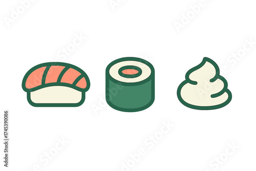 Minimalist icon set of traditional Japanese cuisine items including nigiri maki roll and wasabi