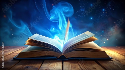 Magical Book Reveals Glowing Secrets on a Wooden Table Against a Starry Background