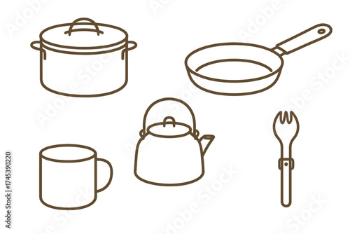 Set of essential outdoor cooking equipment line drawings: pot, pan, kettle, and mug