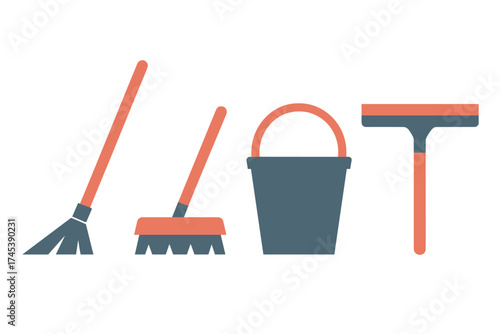 Set of household cleaning tools including broom, scrub brush, bucket, and squeegee