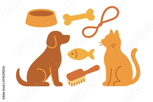 Cute domestic animals and essential pet supplies set featuring a dog, cat, food bowl, bone, and leash