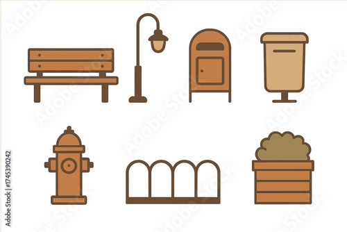 Set of public park and street furniture icons including bench and lamp post