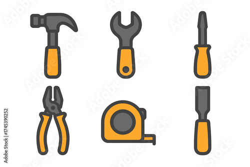 Essential construction and repair hand tools set including hammer, wrench, screwdriver, and tape measure