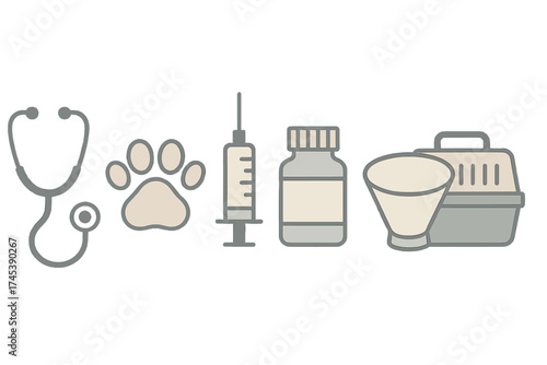 Collection of essential veterinary medical supplies and pet care equipment symbols