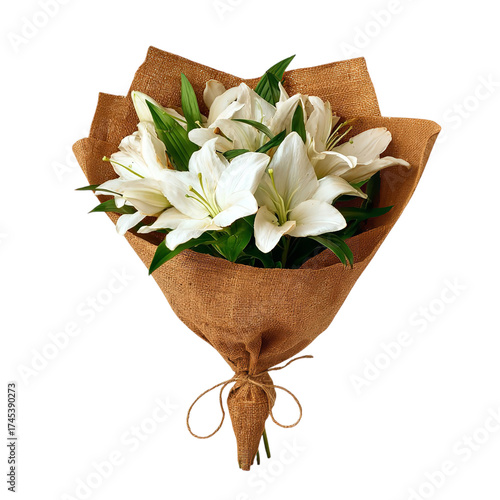 A beautiful bouquet of white lilies, elegantly wrapped in burlap and tied with twine, isolated on a transparent background, perfect for celebrations and expressions of love