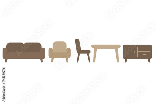 Minimalist collection of modern living room and dining furniture pieces