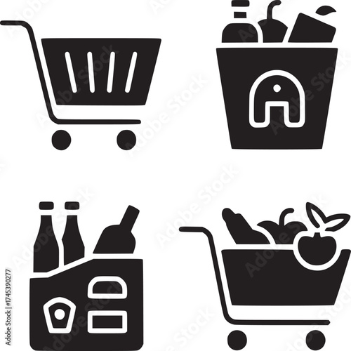 Four shopping icons depicting empty cart, groceries in bucket, drinks, and produce in shopping cart