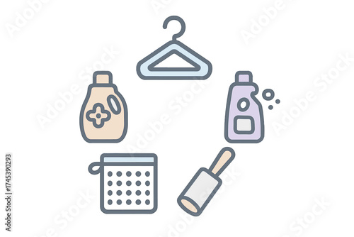 Essential household products and tools for washing, cleaning, and maintaining clothing items