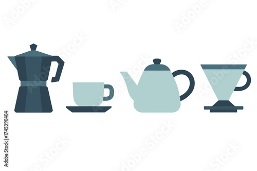 Collection of coffee and tea brewing devices Moka pot teapot and cup