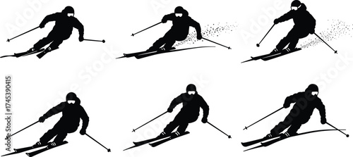 Professional skier performing downhill turns in winter mountain slope, black silhouette ski illustration, extreme winter sport action, snow skiing vector art design