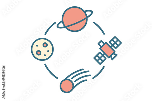 Planet, moon, satellite, and comet orbiting in a circular space diagram