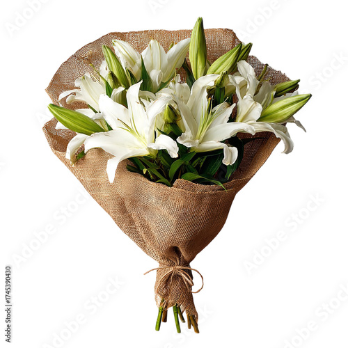 A beautiful bouquet of white lilies, elegantly wrapped in burlap and tied with twine, isolated on a transparent background, perfect for celebrations and expressions of purity and love