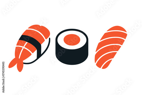 Stylized graphic set of Japanese sushi pieces including shrimp nigiri and maki roll