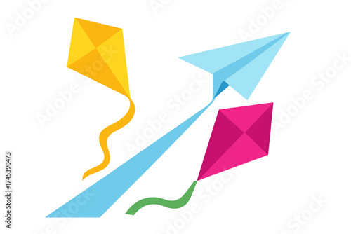 Colorful geometric kites and a blue paper airplane flying in the sky