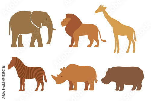 Photography Stylized African safari animals collection featuring elephant lion giraffe zebra
