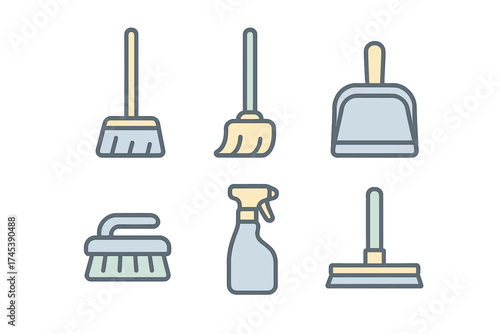 Household cleaning supplies and equipment for hygiene and domestic chores