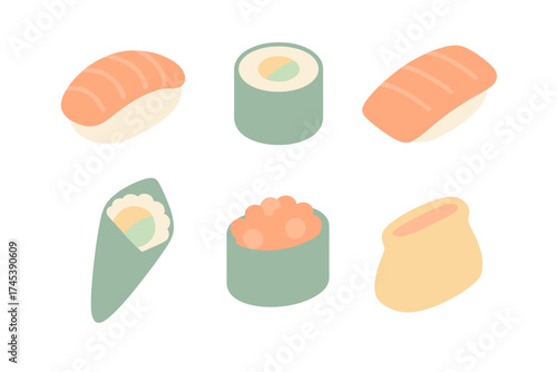 Minimalist isometric set of different sushi pieces including nigiri maki temaki and gunkan