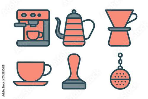Set of essential coffee and tea preparation equipment icons including espresso machine and pour over brewer