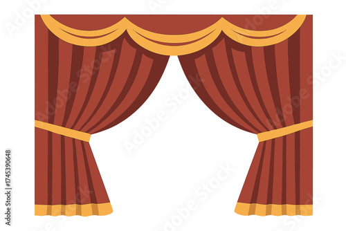 Elegant red theater stage curtains tied back with golden trim and valance design