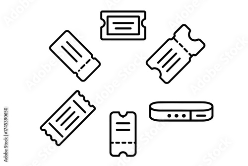 Outline icons collection of entry tickets, admission passes, and access wristbands for events