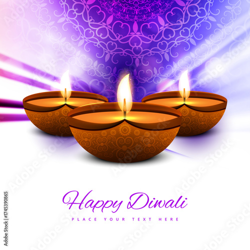 Happy Diwali Festival Celebration Background with Traditional Glowing Diyas, Elegant Greeting Text, and Rich Purple Decorative Backdrop for Indian Festival of Lights Card Design