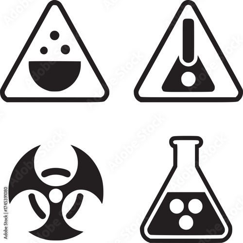 Four black and white hazard symbols including biohazard and chemical hazard signs on a white background