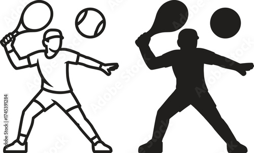 Tennis player silhouette and line art with ball