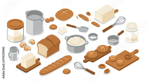 Isometric bakery essentials with bread, kitchen tools, and ingredients