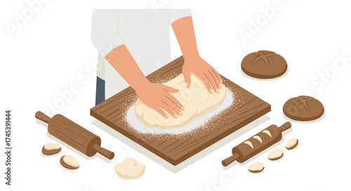 Baker kneading dough on wooden board with rolling pins and bread loaves on table