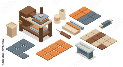 Isometric pottery workshop elements with tools and materials in brown and orange