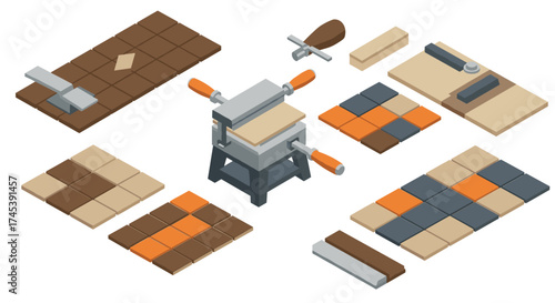 Isometric tile installation tools and materials for construction projects