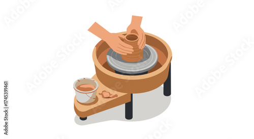Isometric pottery making scene with hands shaping clay on wheel