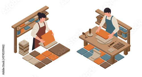 Isometric bookbinding workshop scene with skilled artisans crafting handmade books
