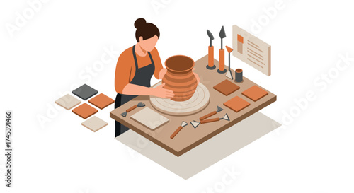 Isometric pottery workshop artist crafting clay vase with tools and tiles in studio