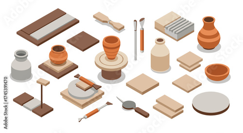 Isometric pottery workshop elements tools, clay, and ceramic items in earthy tones