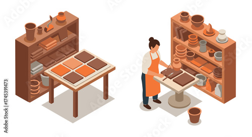 Isometric pottery workshop with tools crafting and creating in a ceramic studio