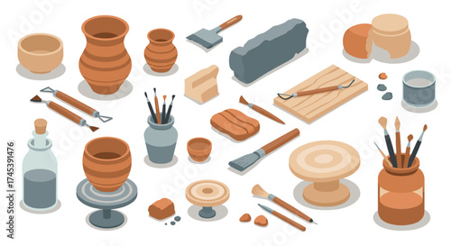 Isometric pottery studio tools and materials set in earth tones