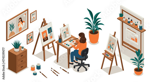 Creative woman painting in cozy home studio with easels and plants