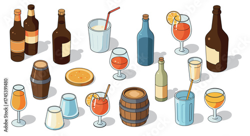 Isometric beverage assortment with bottles, glasses, and barrels on white background