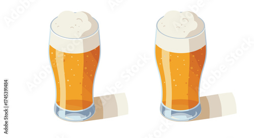 Two isometric glasses of beer with foam on top