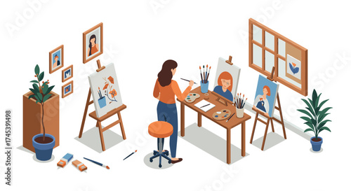 Isometric art studio with painter working on portraits and landscapes