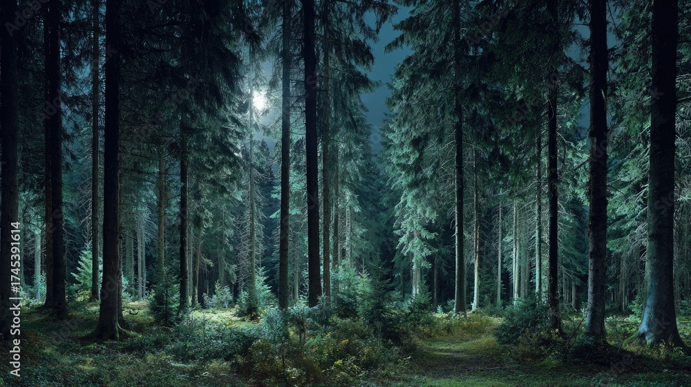Fototapeta premium Moonlit Silver fir forest Silver Serenity