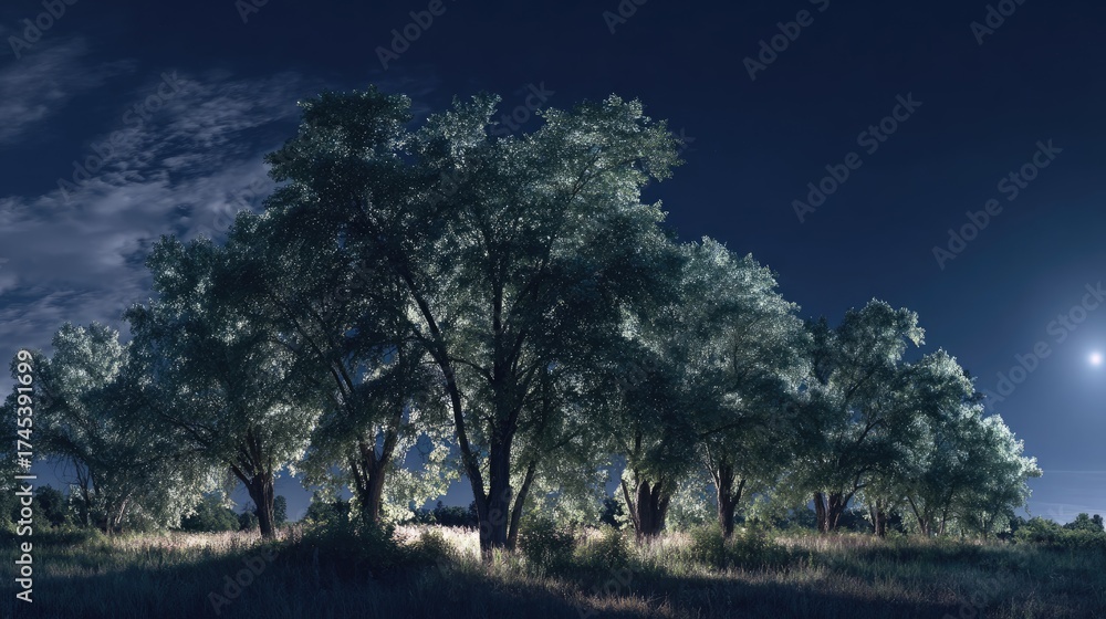 Obraz premium Moonlit Slippery elm field Silver Serenity