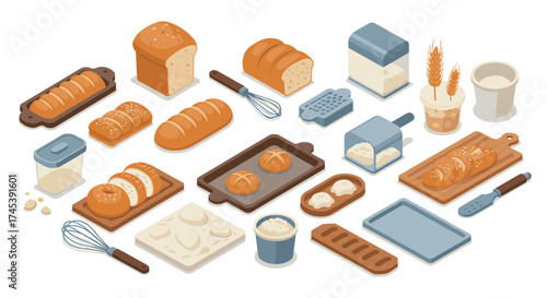 Isometric bakery essentials with bread, baking tools, and ingredients