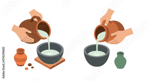 Handpouring clay pot with milk next to pots and nuts