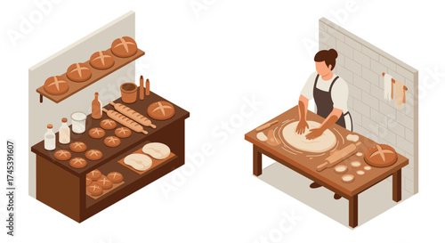 Artisan baker kneading dough in rustic bakery setting