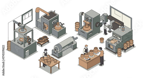 Isometric ceramic workshop with pottery machines and crafting process