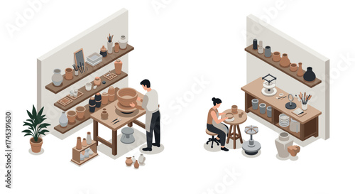 Isometric pottery studio scene with crafting tools and artists at work